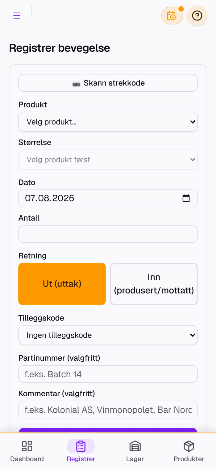 Registrer bevegelse-siden i Himml, vist på mobil